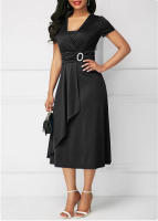 Vestido De Fiesta Midi Para Mujeres Elegante En Color Sólido Con Cuello En V Y Cintura Definida Vestido De Noche De Manga Corta Asimétrico - details 5