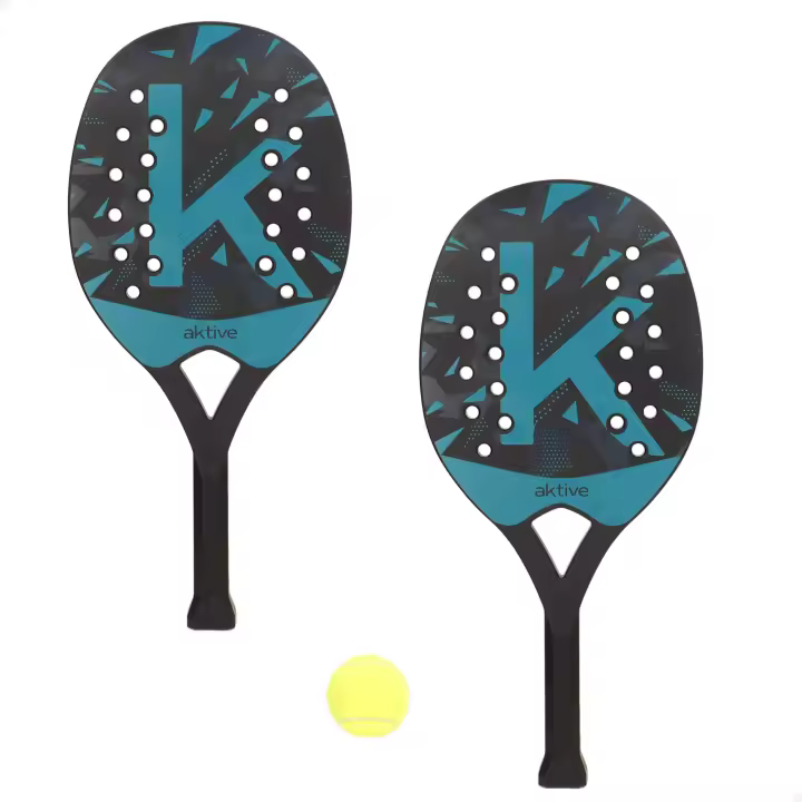 Aktive - Set palas playa 3 piezas, 2 palas con diseño perforado y mango antideslizante, incluye pelota y bolsa de red para transporte, ideal para jugar en la playa o parque al aire libre, juego de raquetas de plástico - 1