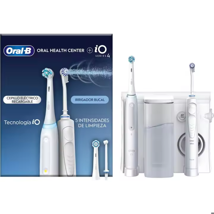 Centro de Salud Oral B con Cepillo Eléctrico IO4 e Irrigador Bucal: Irrigador de Agua, 1 Cabezal Oxyjet, 1 Cabezal Water Jet, 1 Cepillo de Dientes Eléctrico iO4, 2 Cabezales - 1