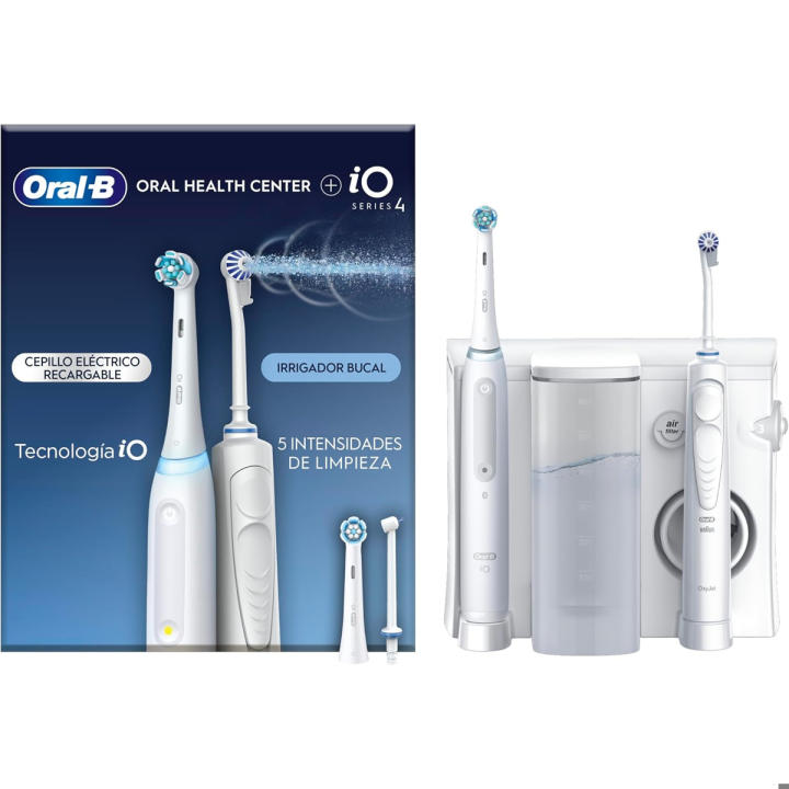 Centro de Salud Oral B con Cepillo Eléctrico IO4 e Irrigador Bucal: Irrigador de Agua, 1 Cabezal Oxyjet, 1 Cabezal Water Jet, 1 Cepillo de Dientes Eléctrico iO4, 2 Cabezales