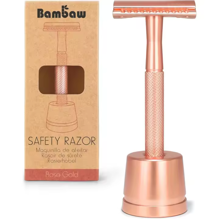 Maquinilla de afeitar de metal para mujer con soporte de seguridad | Maquinilla de afeitar ecológica para mujer | Compatible con todas las hojas de afeitar dobles | Maquinilla de afeitar reutilizable para mujer (oro rosa con soporte) - 1