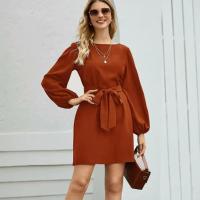 Vestido De Mujer Talla Grande De Chiffon Color Sólido Moda 2021 Manga Farol Suéter Cinturón A-Línea Cuello Redondo Largo Hasta La Rodilla - details 15