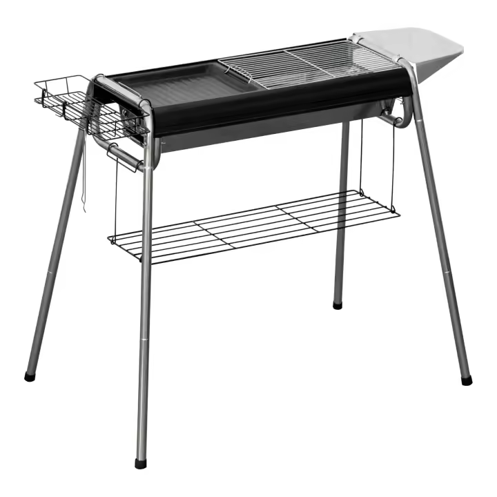 Barbacoa de Carbón Barbacoa Portátil con Parrilla de Acero Inoxidable Bandeja Especiero y Estante de Almacenamiento para Jardín Camping 96x61x72 cm Negro - 1