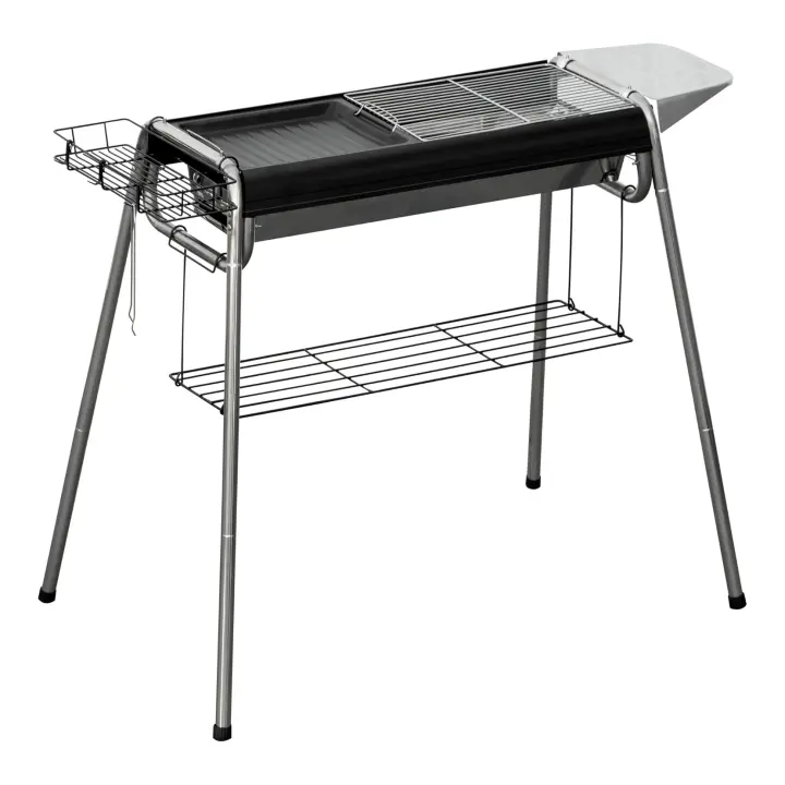 Barbacoa de Carbón Barbacoa Portátil con Parrilla de Acero Inoxidable Bandeja Especiero y Estante de Almacenamiento para Jardín Camping 96x61x72 cm Negro - 1