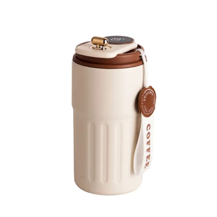 Taza de café con Pantalla digital, Thermos, 410 ml, inoxidable Maple 316, Taza de viaje aislada, a prueba de fugas, Taza de viaje con tapa para Café, color Café - 1