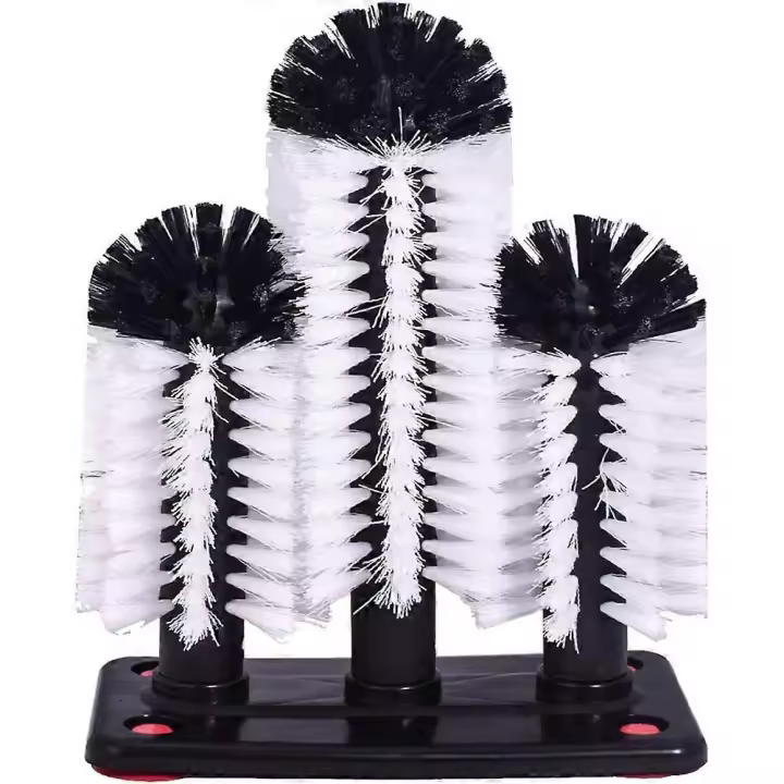 Water Bottle Cleaning Brush Glass Washer with Suction Cup Base 3 Heads Hard Bristle Brush Suitable for Beer Glass, Long Leg Cup, Red Wine Glass, etc. - 1