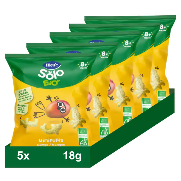 Snacks Hero Solo Bio. Minipuffs de trigo, maíz y mango, 5 bolsitas x 18g - 1