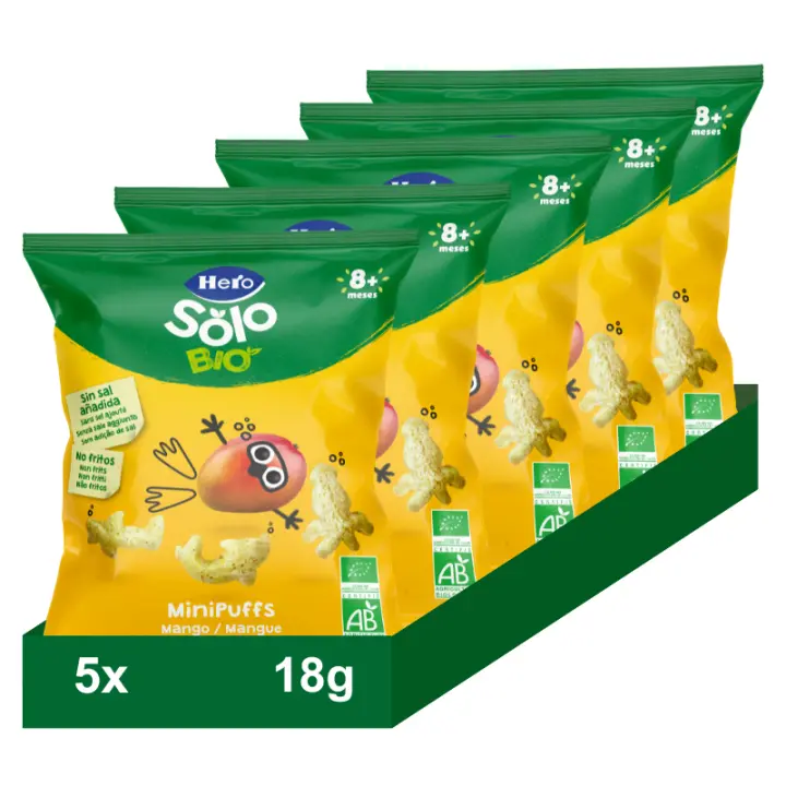 Snacks Hero Solo Bio. Minipuffs de trigo, maíz y mango, 5 bolsitas x 18g - 1