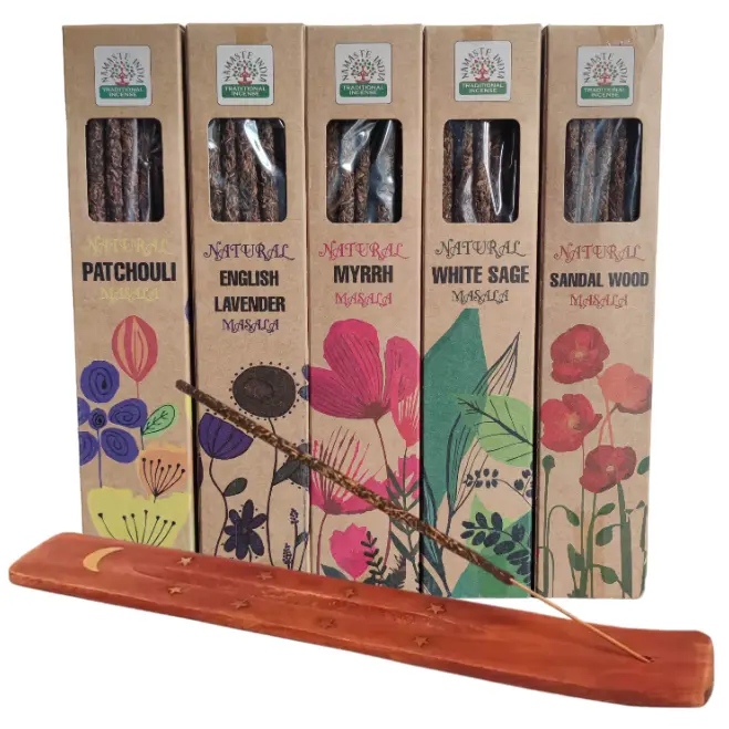 Incienso Orgánico, Incienso Natural, Varillas Hechas 100% a Mano. Pack de 5 Cajas. Sándalo - Salvia Blanca - Pachuli - Mirra, Lavanda. 30 Gramos Cada Paquete. Incluye Quemador de Regalo. - 1