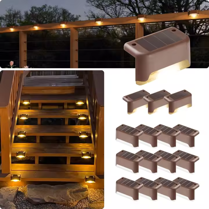 Luces LED solares para terraza, paquete de 16, resistentes al agua, para escaleras, escalones, vallas, barandillas, patios y terrazas al aire libre (blanco cálido) - 1