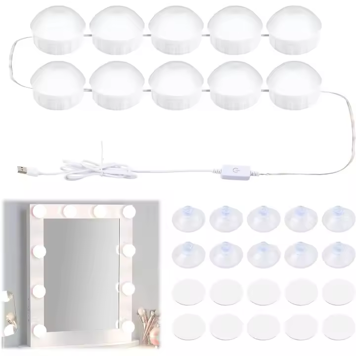 Kit de luces LED regulables para espejo de tocador, 10 bombillas estilo Hollywood, 3 colores cambiantes y brillo ajustable. - 1