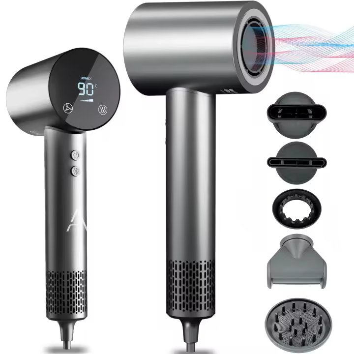 Secador de Pelo Profesional Super Hair Dryer IONIC pantalla LED táctil Diseño Innovador de Ultima generación Sin Aspas, Con Seis Accesorios, incluye soporte de pared, Boquilla Alisadora, Flyaway, Difusor, Boquilla aire suave, Boquilla suave. ALUMAR - 1