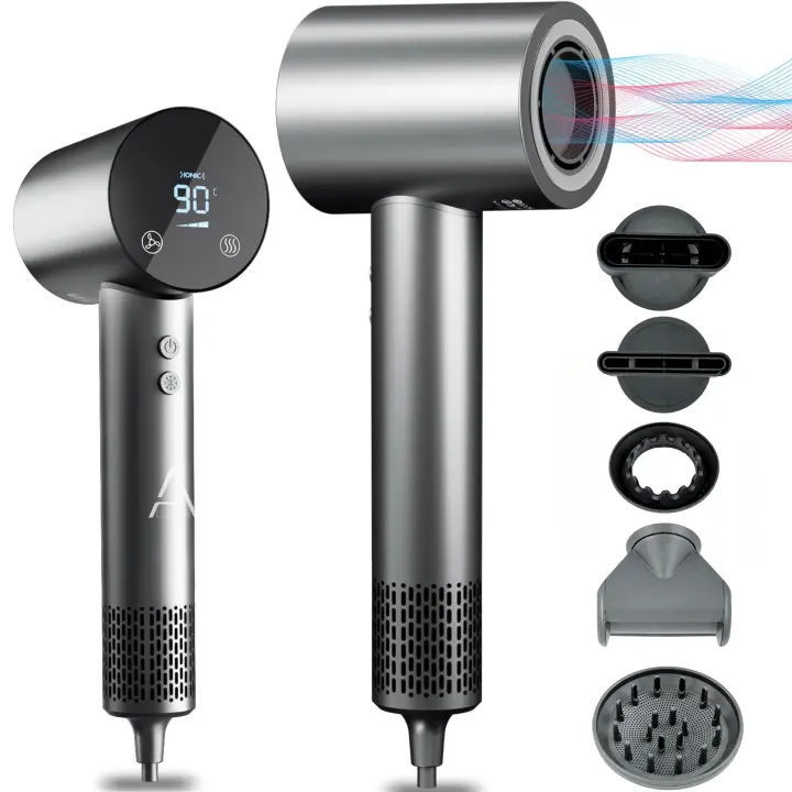 Secador de Pelo Profesional Super Hair Dryer IONIC pantalla LED táctil Diseño Innovador de Ultima generación Sin Aspas, Con Seis Accesorios, incluye soporte de pared, Boquilla Alisadora, Flyaway, Difusor, Boquilla aire suave, Boquilla suave. ALUMAR - 1