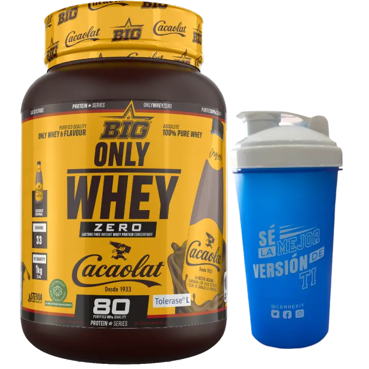 ONLY WHEY (1KG)  Cacaolat - Big + mezclador ALEATORIO Baja en lactosa  Alta calidad  Delicioso sabor  Nutritiva - 1