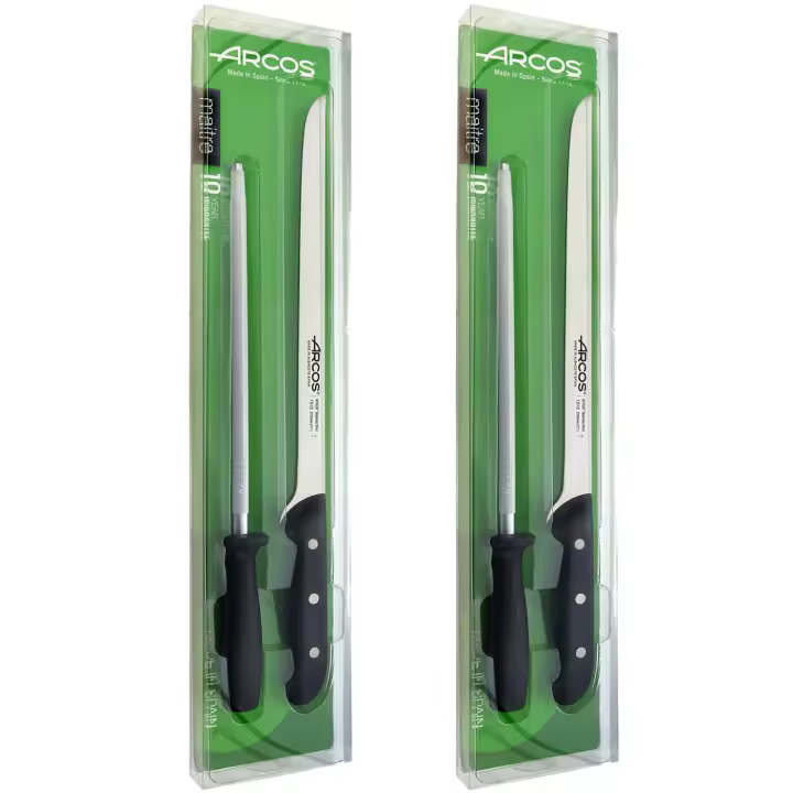 ARCOS Maitre - Set Cuchillo Jamonero (275 mm) + Chaira (230 mm) - Hoja de Acero Inoxidable Nitrum® - Mango Negro de Polipropileno (PP) - 151900 - PACK 2 - 1