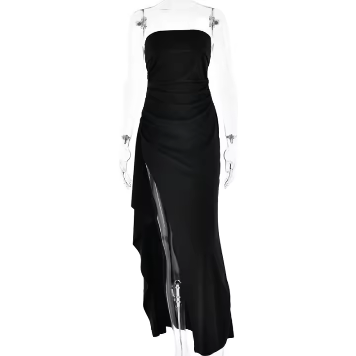 Vestido Largo De Noche Para Mujer En Negro Sin Mangas De Espalda Descubierta Y Abertura Alta Vestido Bodycon Sexy Para Fiesta Club Polyester - 1