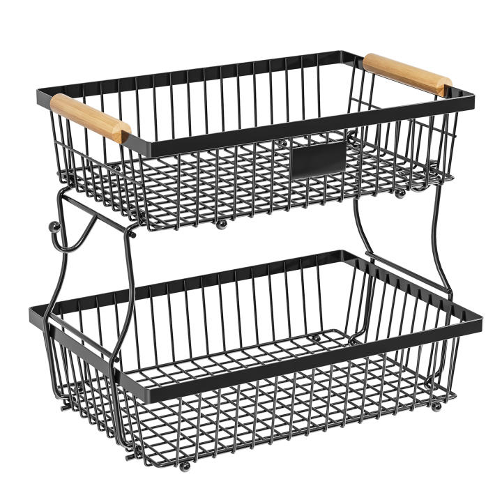 Cesta De Frutas Y Verduras De Metal Con Gancho Y Mango De Madera Organizador Desmontable Y Plegable Para Cocina