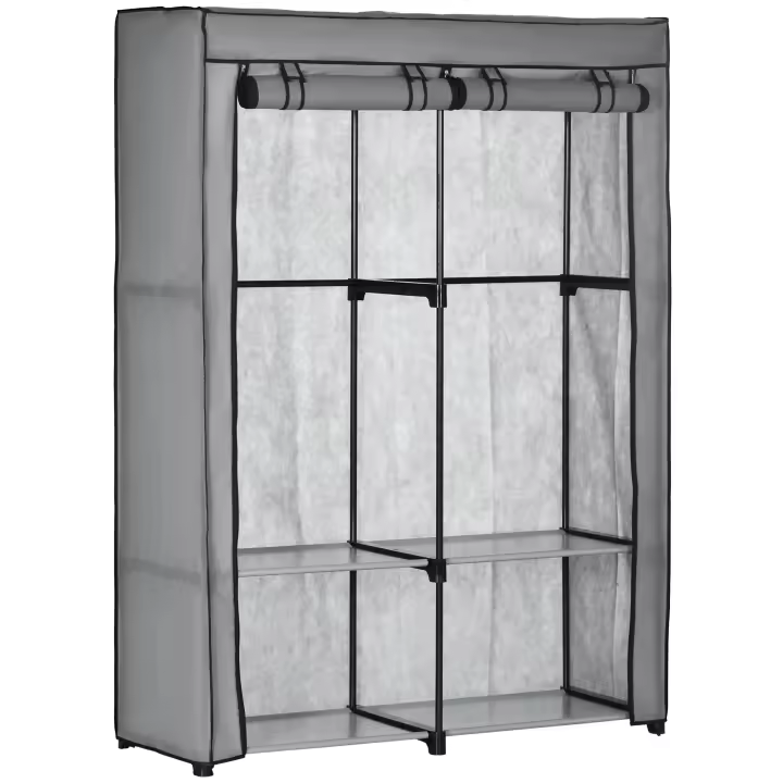 HOMCOM Armario Armario de Tela con Barras, Armario Plegable con 4 Compartimentos, Cremallera, Armario Plegable para Dormitorio, Pasillo, Tela no Tejida, Gris Claro, 118 x 49 x 170 cm - 1