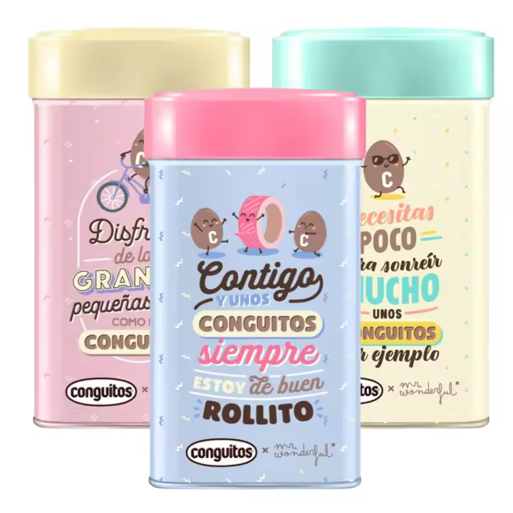 Pack de 3 Latas Mr Wonderful 90g - Deliciosos Conguitos en su interior - Sin Gluten y sin Aceite de Palma - 1
