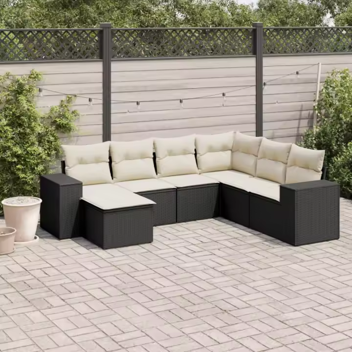vidaXL Set de comedor de jardín 7 pzas y cojines ratán sintético negro - 1