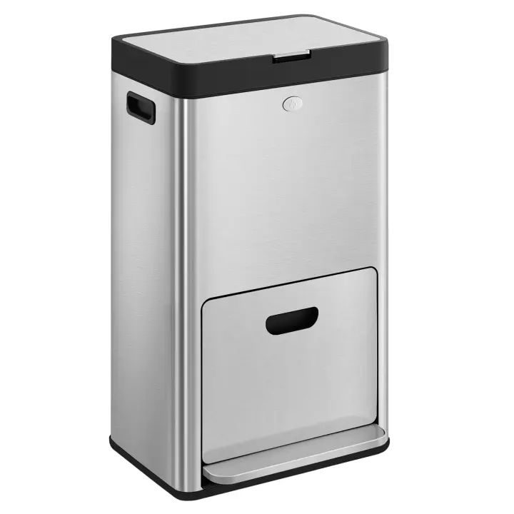 SONGMICS Cubo Basura de Cocina, Volumen de 2 x 17 L y 26 L, 3 Compartimentos para Basura General, Restos de Comida y Reciclaje, Filtro de Carbón, Pedal Ancho, Plata - 1