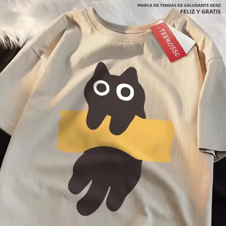 Camiseta Japonesa Estilo Adhesiva Con Estampado De Gato Manga Corta Algodón Talla Grande Hombre Mujer Verano O-Neck Tees - 1