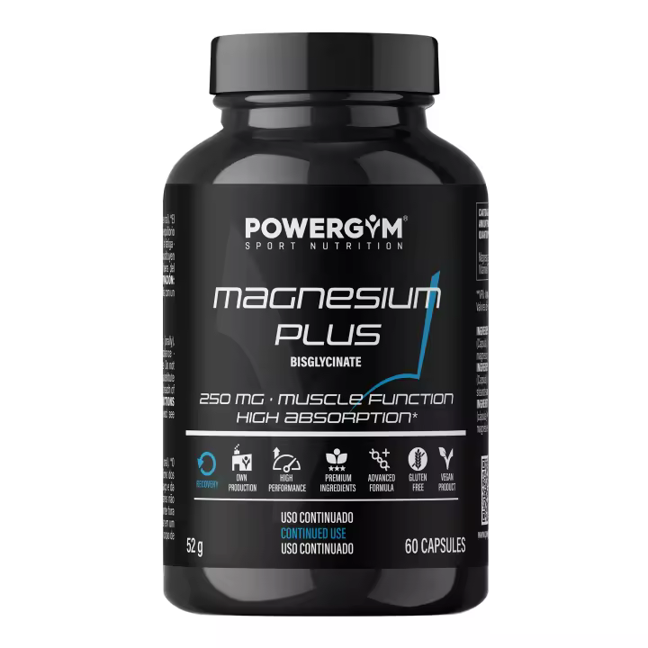 POWERGYM  Magnesium 60 Cápsulas evita Calambres y Lesiones – Magnesio Bisglicinato Descontracturante, Defatigante y Optimizador energético - Magnesio alta absorción potenciado con Vitamina B6 - 1