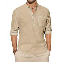 Camisa De Algodón Y Lino Para Hombre Manga Larga Estilo Casual Para Playa Camiseta Henley Con Bolsillo Top De Vacaciones Streetwear - details 5