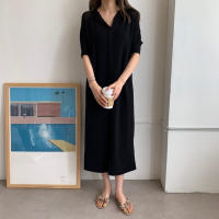 Vestido Largo De Verano Para Mujer REALEFT Estilo Coreano Casual Suelto Con Cuello En V Manga Larga Color Sólido Vestido Midi - details 5