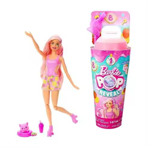 Mattel Barbie - Pop Revel: Fresa - Slime Rosa y Cubitos de Hielo - Incluye Patines y Bebida - Pelo Largo y Rosa - 1