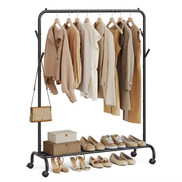 SONGMICS Burro para Ropa, con Ruedas, Perchero Burro con Barra, Estructura de Tubo de Acero, Carga Máx. De 50 kg, Ancho de 103,5 cm, Almacenaje Multifuncional, Negro/Blanco - 1