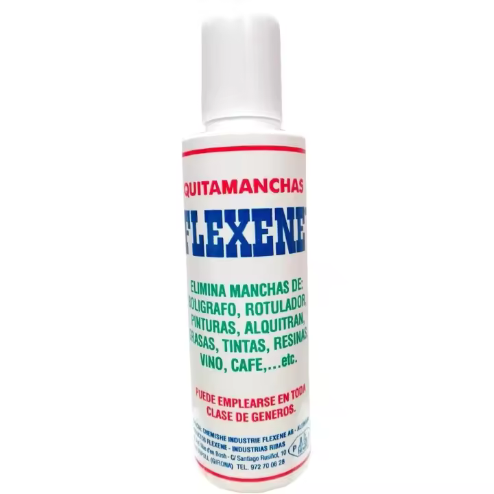 Flexene Quitamanchas 115ml para Tejidos, Bolígrafo, Rotulador, Pinturas, Alquitrán, Grasas, Tintas, Resinas, Vino, Café - Ideal para Ropa y Otras Superficies - 1