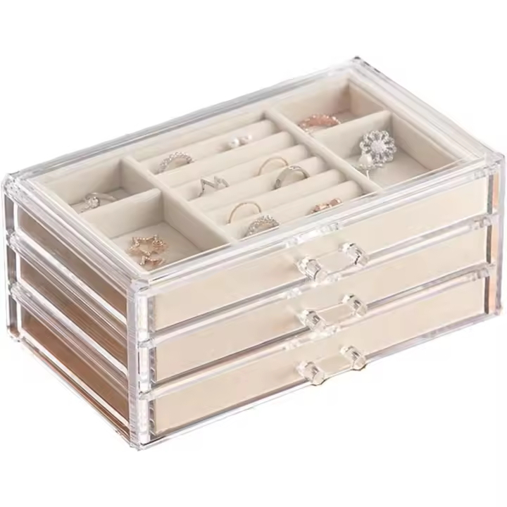 Joyero de terciopelo para mujer con 3 bolsos, organizador de joyas para guardar pendientes, pulseras, collares y anillos, de acrílico transparente. - 1