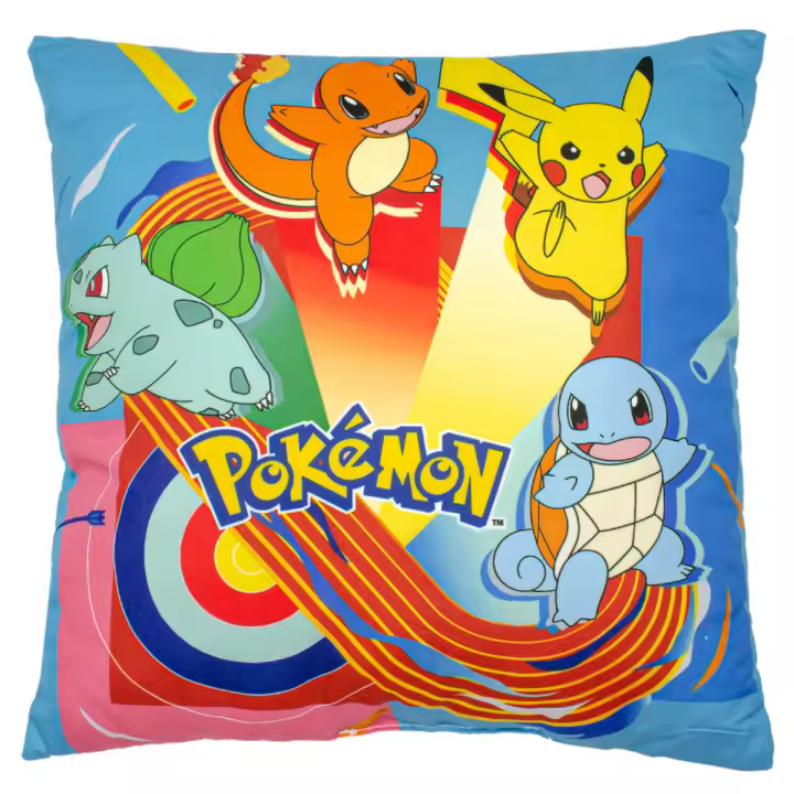 Cojín infantil decorativo Pikachu, Squirtle, Charmander, Bulbasaur  Pokémon Nintendo de 30x30 cm - 100% poliéster - Diseños coloridos - Cojines infantiles  Producto Oficial - 1