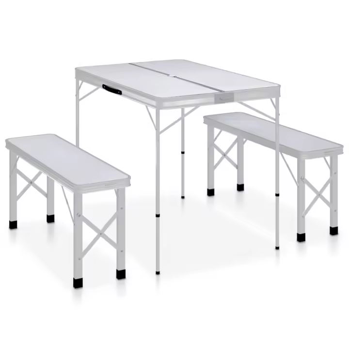 vidaXL Mesa de camping plegable con 2 bancos aluminio blanco - 1