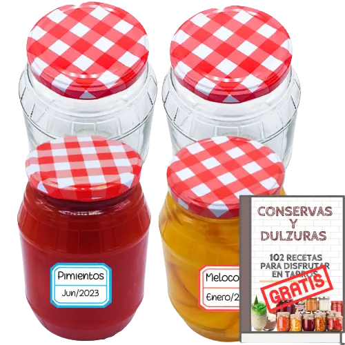 MundoTarros - Tarros de Cristal de 1000ml con Tapas + E-book con 102 Recetas para Conservas - Botes de 1 Litro con Tapa de Rosca - Cierre Hermético para todo Tipo de Alimentos Caseros - Incluye Etiquetas - 1