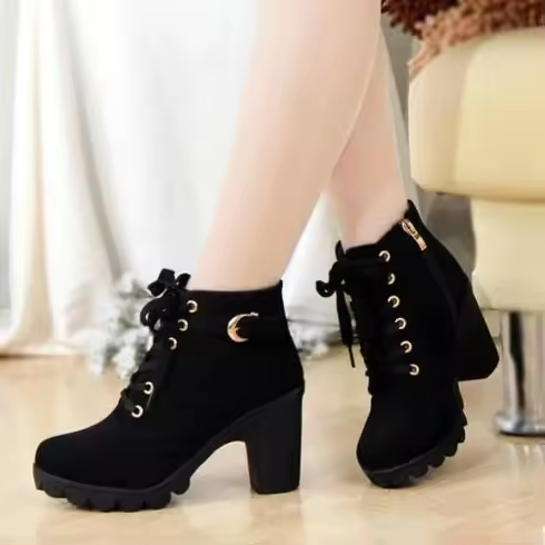 Botas De Tacón Alto Para Mujer Primavera/Otoño Calidad Superior Con Cordones Moda Europea Botines Con Cierre De Cremallera Material PU Tacón Cuadrado Apto Para Adultos - 1