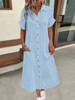 Vestido Casual De Verano Para Mujer Con Manga Corta Y Cuello En V Color Sólido Vestido Largo De Oficina Estilo Lady - details 4
