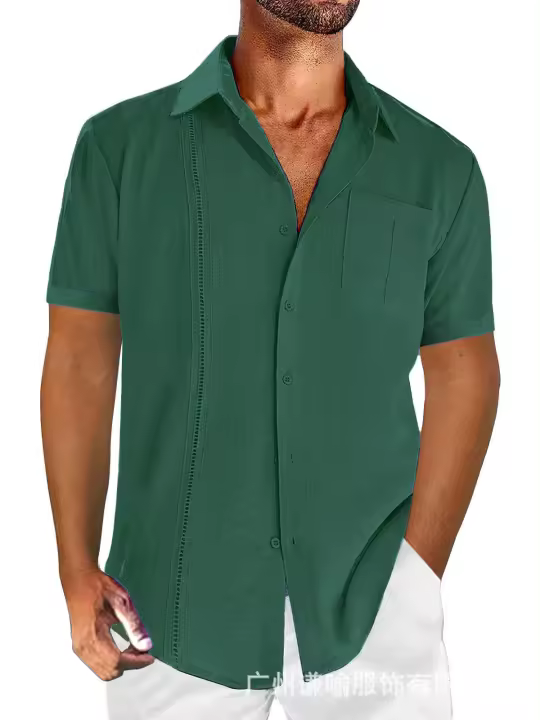 Summer casual solid color lace men's short-sleeved cotton and linen shirt - 1