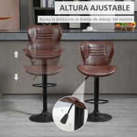 HOMCOM Juego de 2 Taburetes de Bar Tapizado en Cuero Sintético Taburetes Altos de Comedor Regulable en Altura Giratorio con Respaldo y Reposapiés 46,5x54x88-108 cm Marrón - details 3