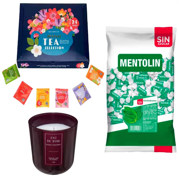 Lote respira: MENTOLIN HIERBABUENA S/A BOLSA 1KG + Vela perfumada rosa de silicona 170 g + Set de Te con 24 bolsitas con diferentes sabores y aromas - 1