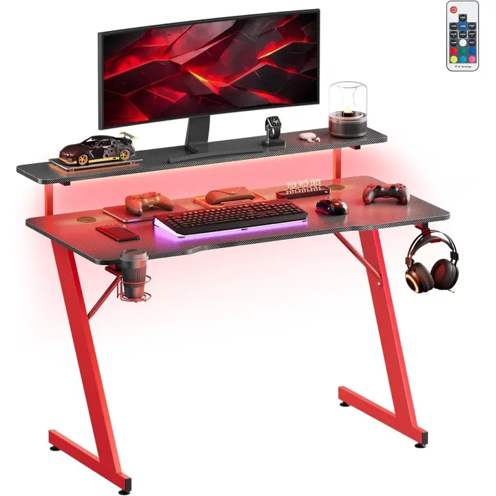 SONGMICS HOME Escritorio para Juegos con Luces LED, Escritorio en Forma de Z con Soporte para Monitores, Portavasos y Gancho para Auriculares, para Oficina en Casa, Negro Carbón y Rojo Rubí - 1