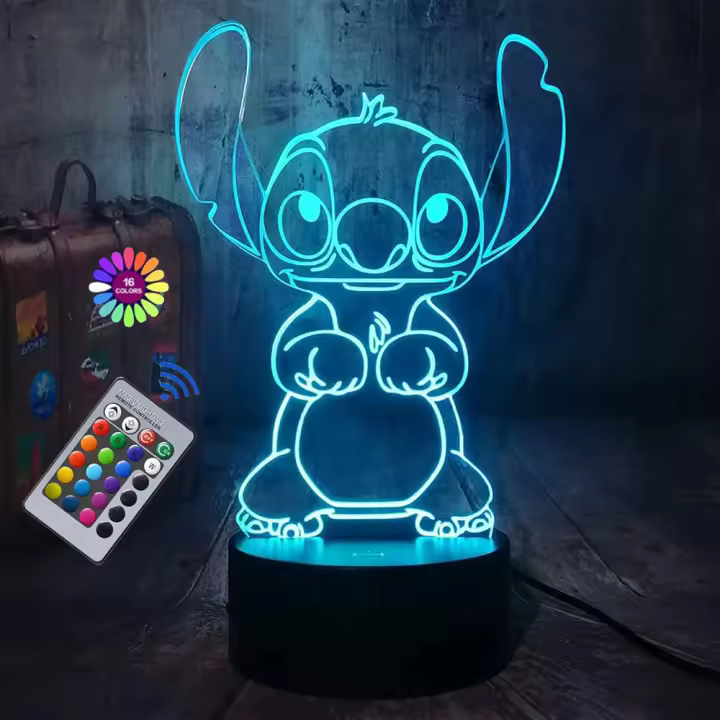 Lámpara De Noche 3D Ilusión Stitch Con Control Remoto Y Toque Inteligente Decoración De Habitación Regalo De Cumpleaños Día De San Valentín Navidad - 1
