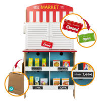 WOOMAX - Cocina de madera 4 en 1 con heladería y supermercado, juguete interactivo con luz y sonido, 60x40x109 cm, 31 piezas y accesorios para cocinar y vender, ideal para juegos de rol, +3 años, juguete educativo y multifuncional con detalles realistas - details 6