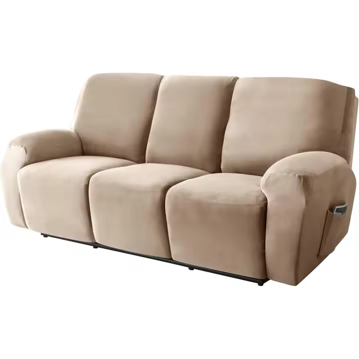Couch Slipcovers Stretch Recliner Sofa Cover Velvet Reclining Couch Cover with Side Pocket Anti-Slip Fitted Recliner Sofa Slipcovers Furniture Covers with Elastic Bottom (Camel,3 Seater 8-Piece) - 1