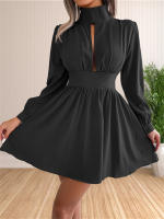 Vestido Mini De Cuello Alto Manga Larga Casual Para Mujer Vestido Swing Con Agujeros Ajuste Regular Polyester Estilo Sexy Y Club - details 12