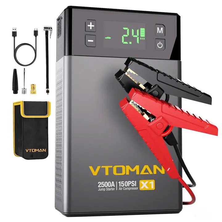 VTOMAN X1 Arrancador de Coche con Compresor de Aire de 100PSI, Arrancador de Coche de 2500A de Pico, Caja de Batería de Litio de 12V, LED de 400 Lúmenes, 10 Protección de Seguridad, Banco de Energía Portátil - 1