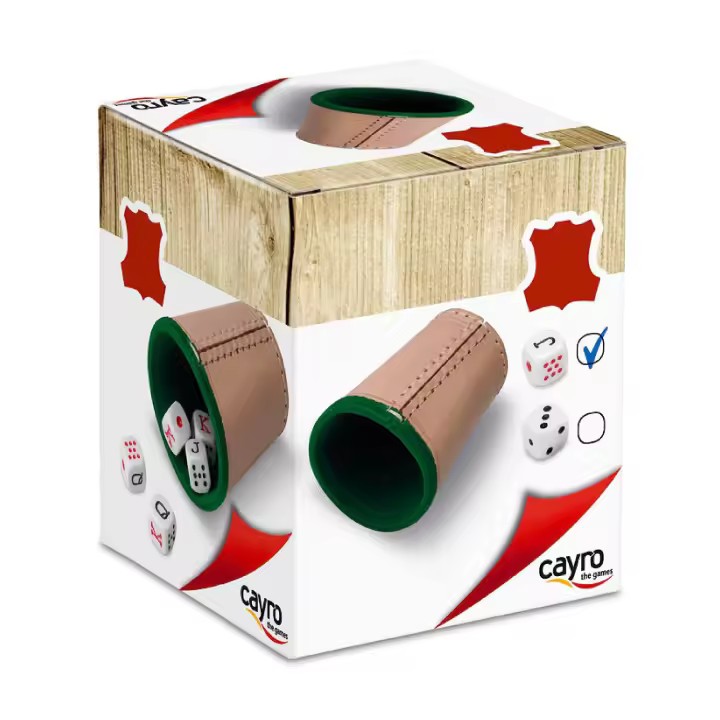 Cayro - Juego Dados Póker - Cubilete + 5 Dados de Póker - Cubilete de Cuero Forrado en Interior - Juego de Mesa Adultos - Ideal para Regalar - Jugar en Familia - 1