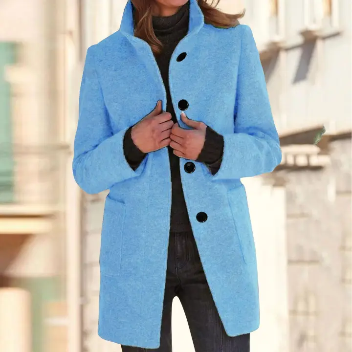 Chaqueta De Lana Para Mujer Con Bolsillos Cuello Lapel Larga Casual Invierno Abrigo Elegante De Color Sólido Talla plus - 1