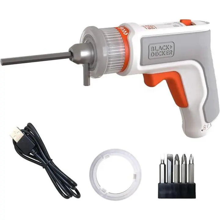 Black & Decker BCRTA01-XJ Atornillador Eléctrico 3,6V con Batería Integrada y Luz LED para Muebles en Kit, Incluye 5 Puntas, Llave Hexagonal y Cable USB - 1